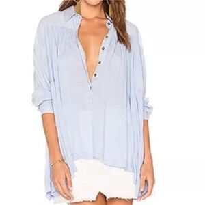 Free People Lovely Day Oversized Flowy Button down Top Blue shirt oversized